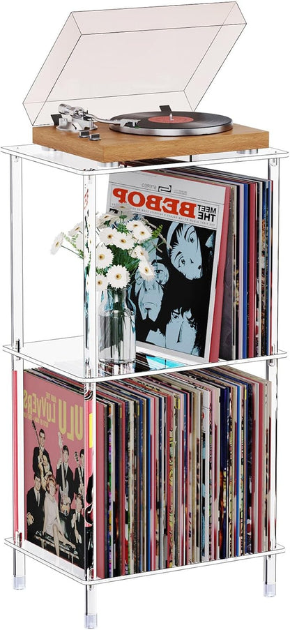 Acrylic Record Player Stand, 3-Tier Clear Turntable Table with Vinyl Record Storage, 15.74" L X 11.81" W X 30.7" H, Tall Modern Side Table/End Table for Living Room, Bedroom JJ00041