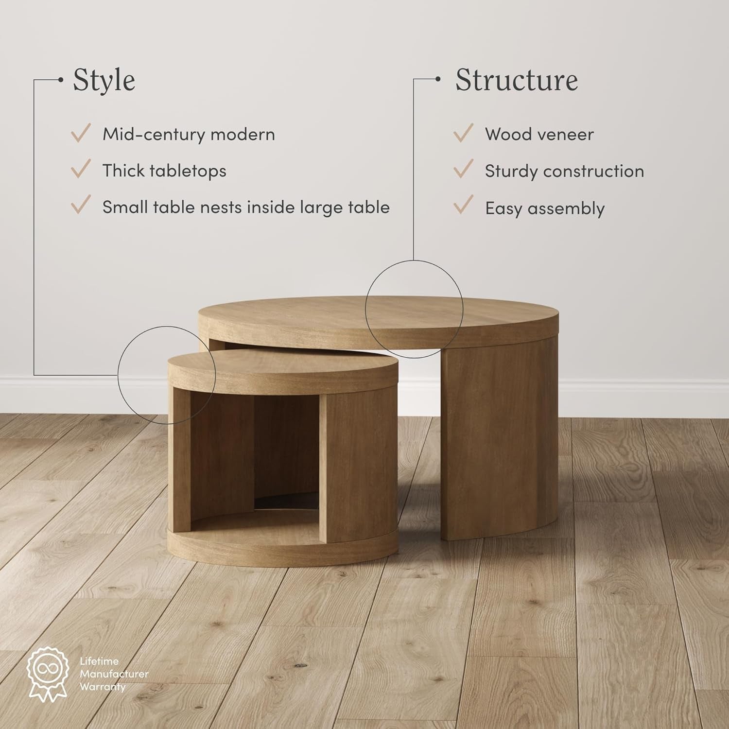 Uchu Mid Century Modern 2-Piece Nesting Coffee Table, round Wood Coffee Table with Storage, Light Brown