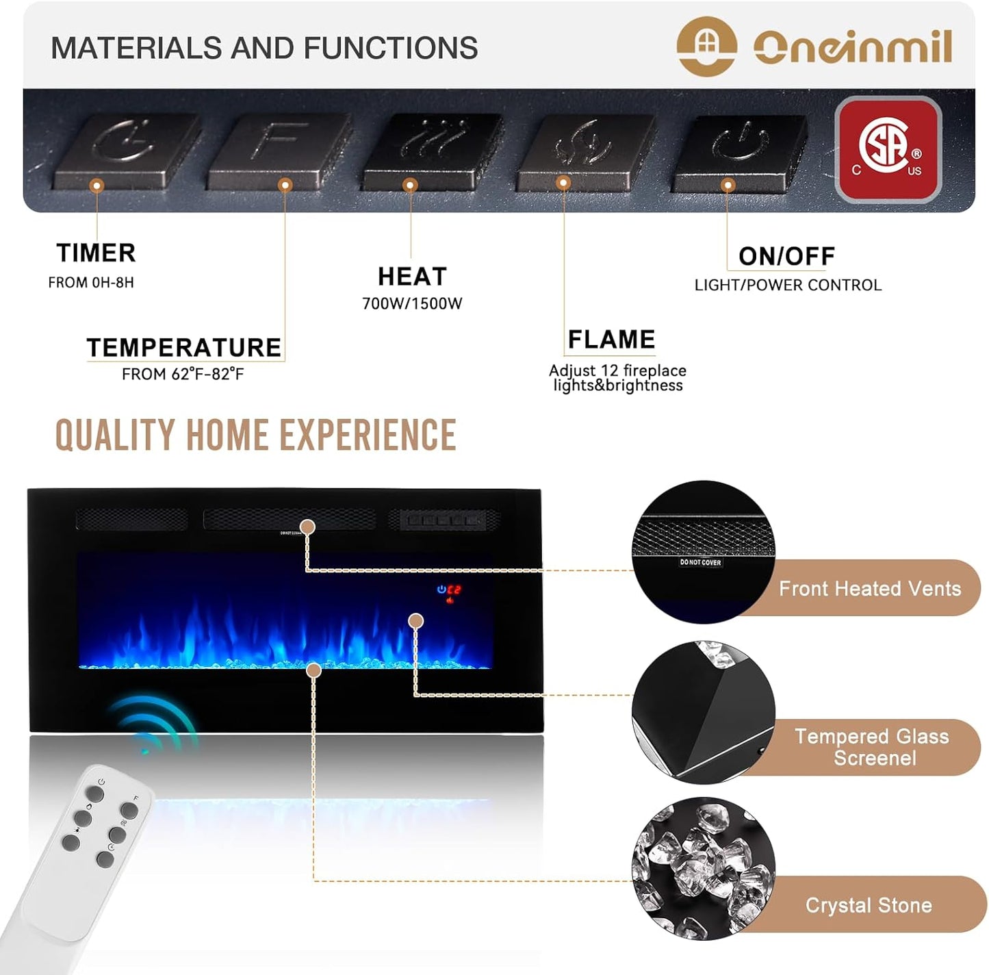 Fireplace TV Stand with 36" Electric Fireplace, LED Light Entertainment Center, Modern Wood Texture Entertainment Stand with Highlight Storage Cabinet for Tvs up to 80", 70 Inches, Black