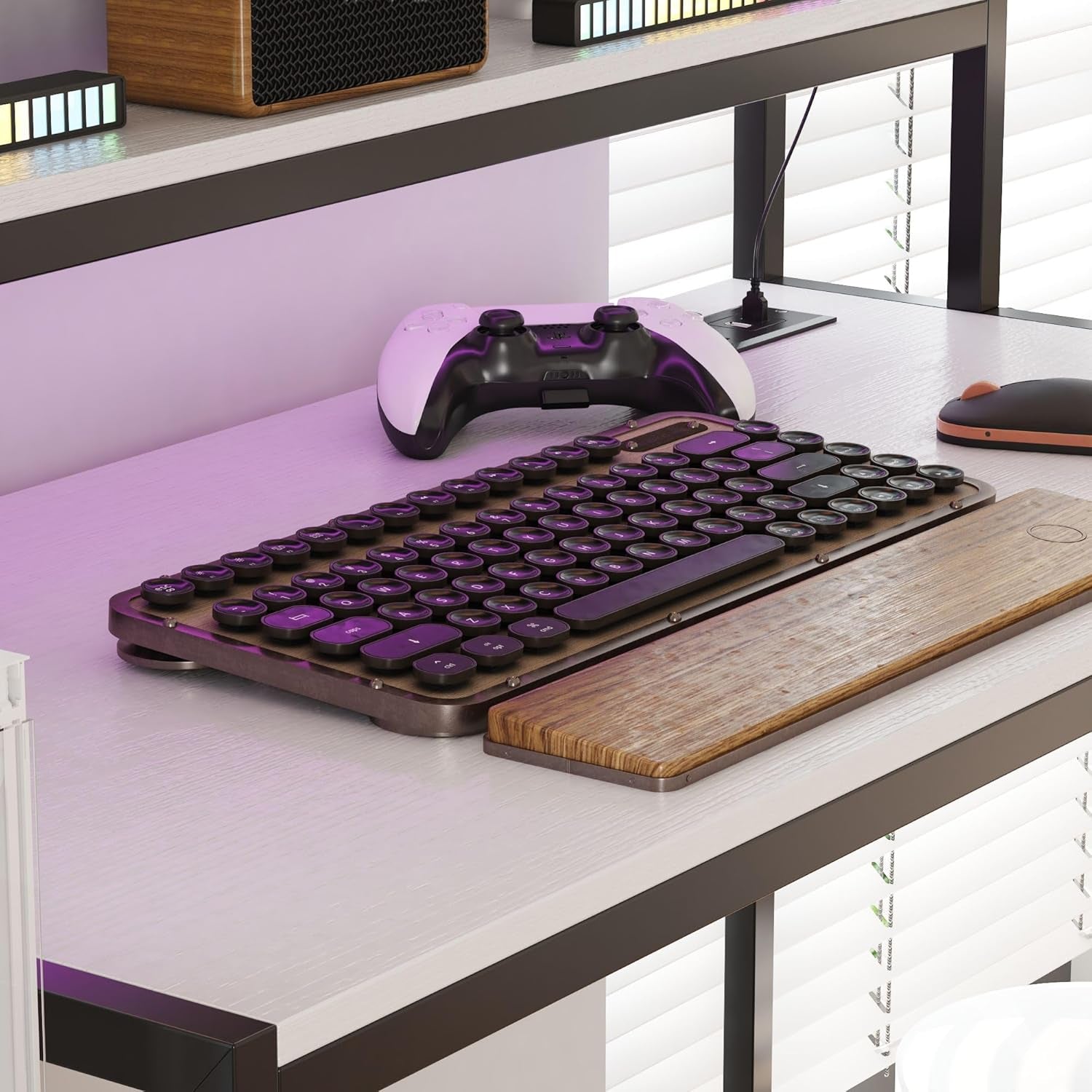 50 Inch Gaming Desk with LED Lights and Power Outlets, White Compact Computer Office Desk with Storage Shelves,Monitor Stand & Side Hook, Storage Drawers of Computer Table for Bedroom