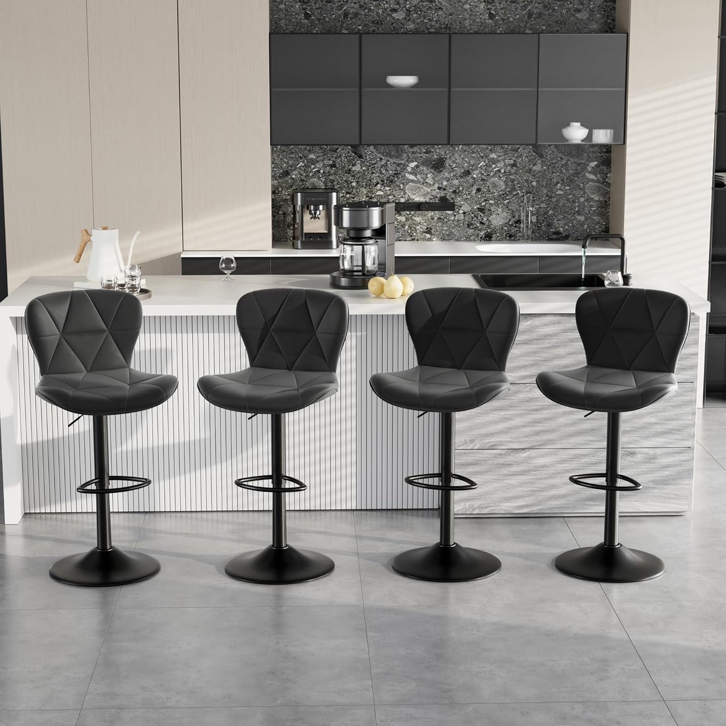 Bar Stools Set of 2,Adjustable Swivel Barstools, Faux Leather Bar Chairs,Upholstered Counter Height with High Backrest for Kitchen Island, Black
