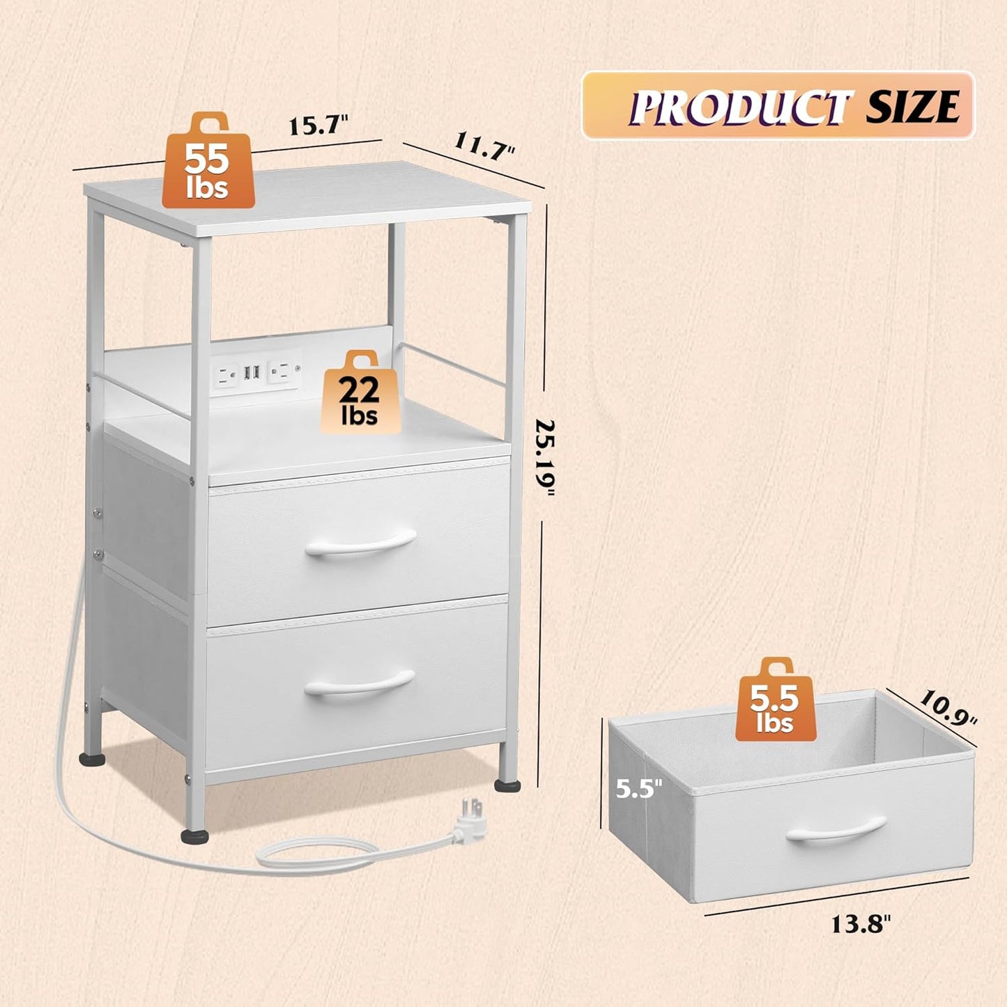 White Night Stand with Charging Station, LED Nightstand with 2 Fabric Drawers and Storage Shelf, Dorm Bedside Table End Table with 2 USB Ports and Outlets, Small Dresser for Bedroom