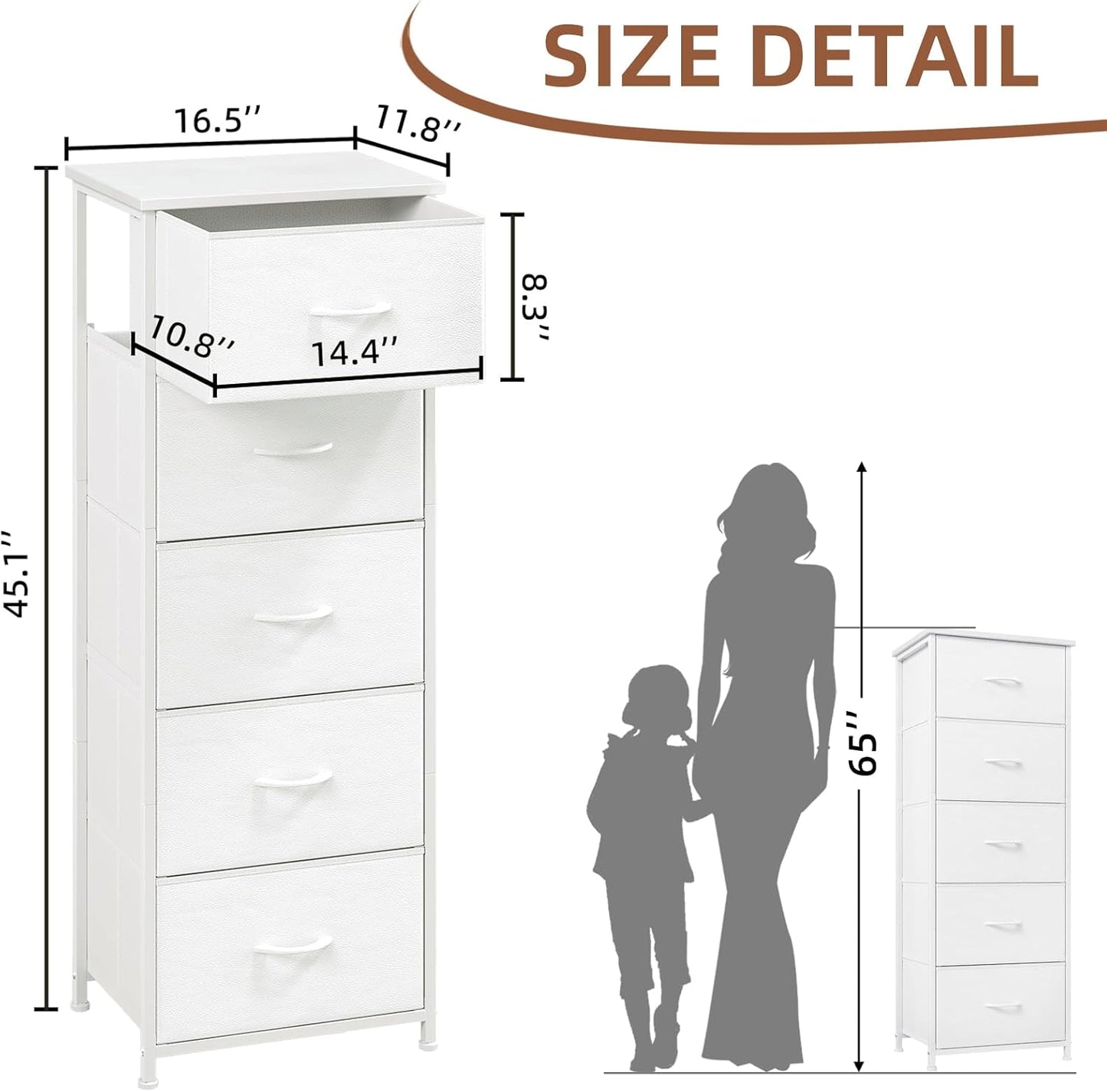 Tall Dresser for Bedroom with 5 Drawers, Storage Organizer Chest of Drawers with Removable Fabric Bins for Closet Bedside Nursery Laundry Living Room Entryway Hallway, White Leather