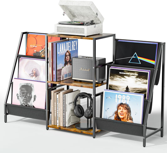 Record Player Stand with Vinyl Storage, Vinyl Record Stand up to 200 Albums, Record Player Table with 6-Tier Record Shelf, Record Cabinet for Living Room/Office/Home Theater