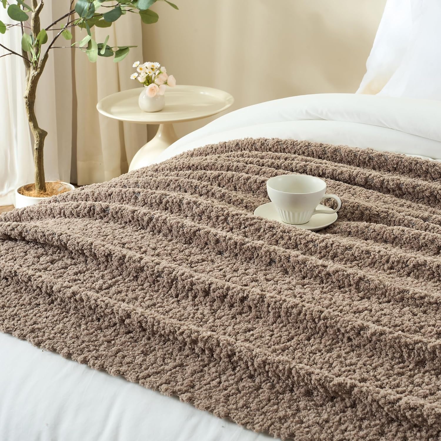 Throw Blanket for Couch, Taupe Tan Luxury Knitted Throws 50"X60", Textured Blankets with Handmade Fringe Tassels for Bed Sofa Decorative, Chunky Soft Farmhouse Boho Home Decor