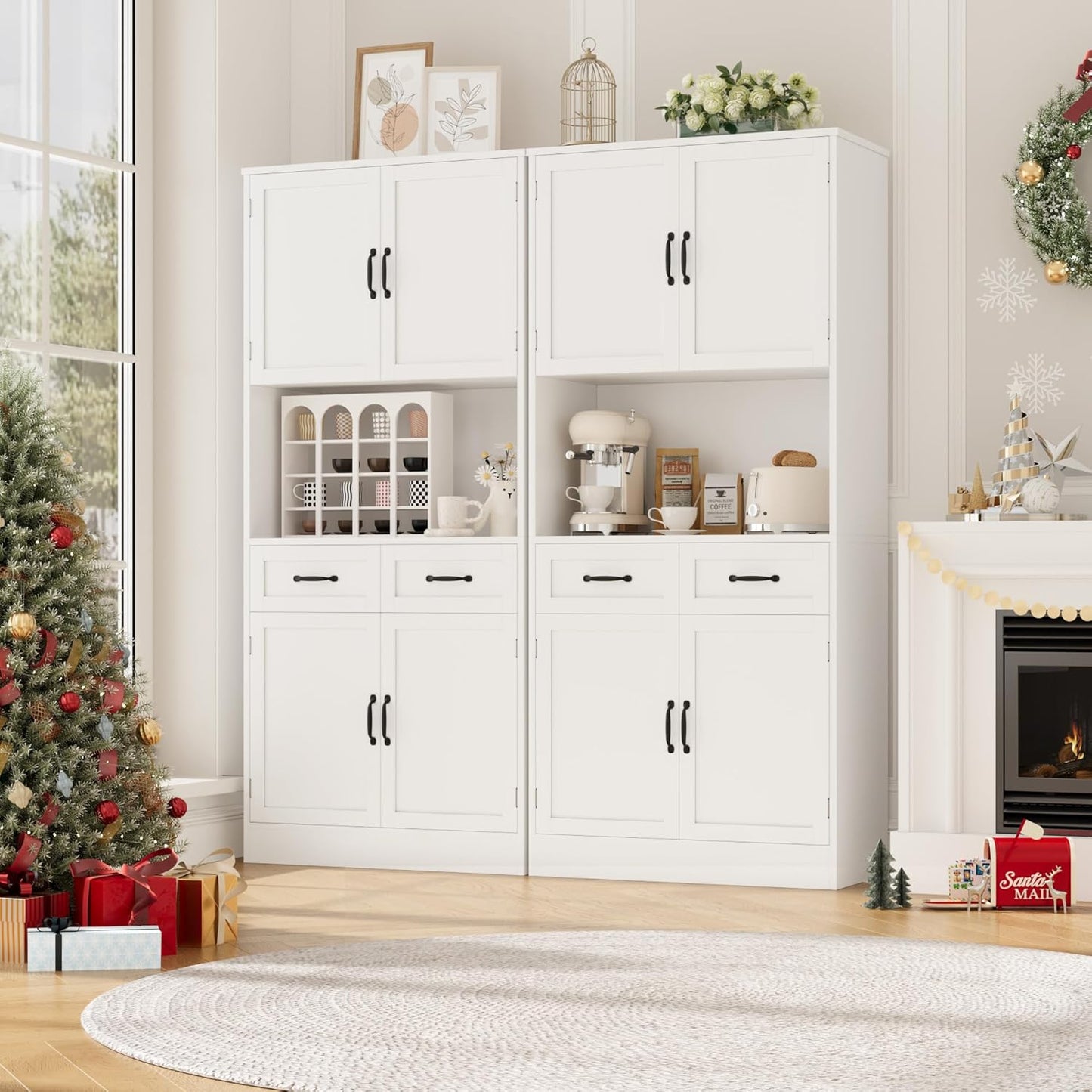 71“ Tall Kitchen Pantry Storage Cabinet, Modern Kitchen Hutch Bar Cabinet with Microwave Stand, Wood Buffet Sideboard with Hutch, Cupboard with Drawers, Shelves for Dining Room, White