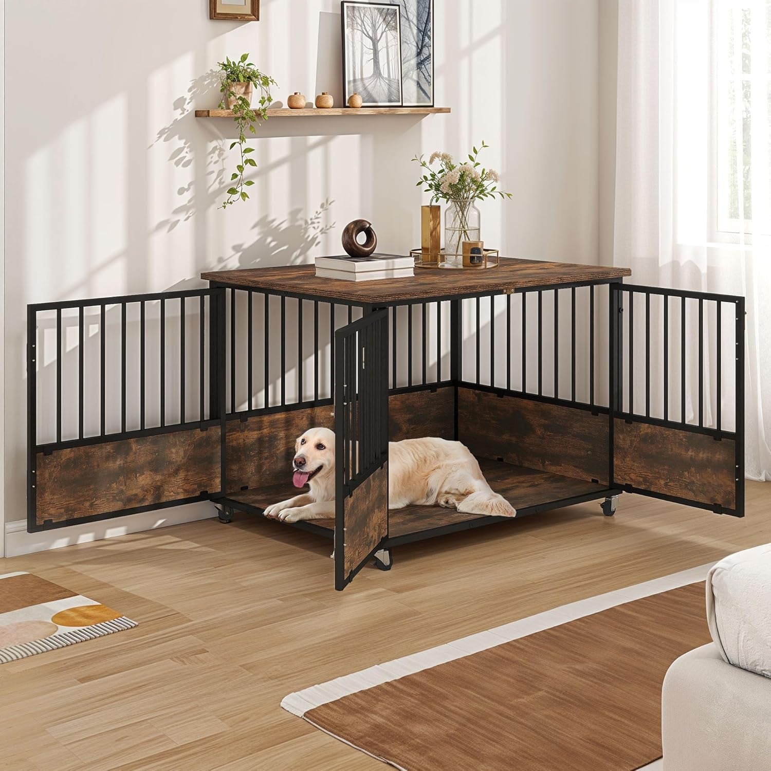 Dog Crate Furniture with Wheels, 43 Inch Dog Kennel Indoor Furniture End Table Dog Crate for Dogs, Farmhouse Decorative Wooden Dog Cage Table with Double-Doors, Chew-Resistant, Rustic Brown