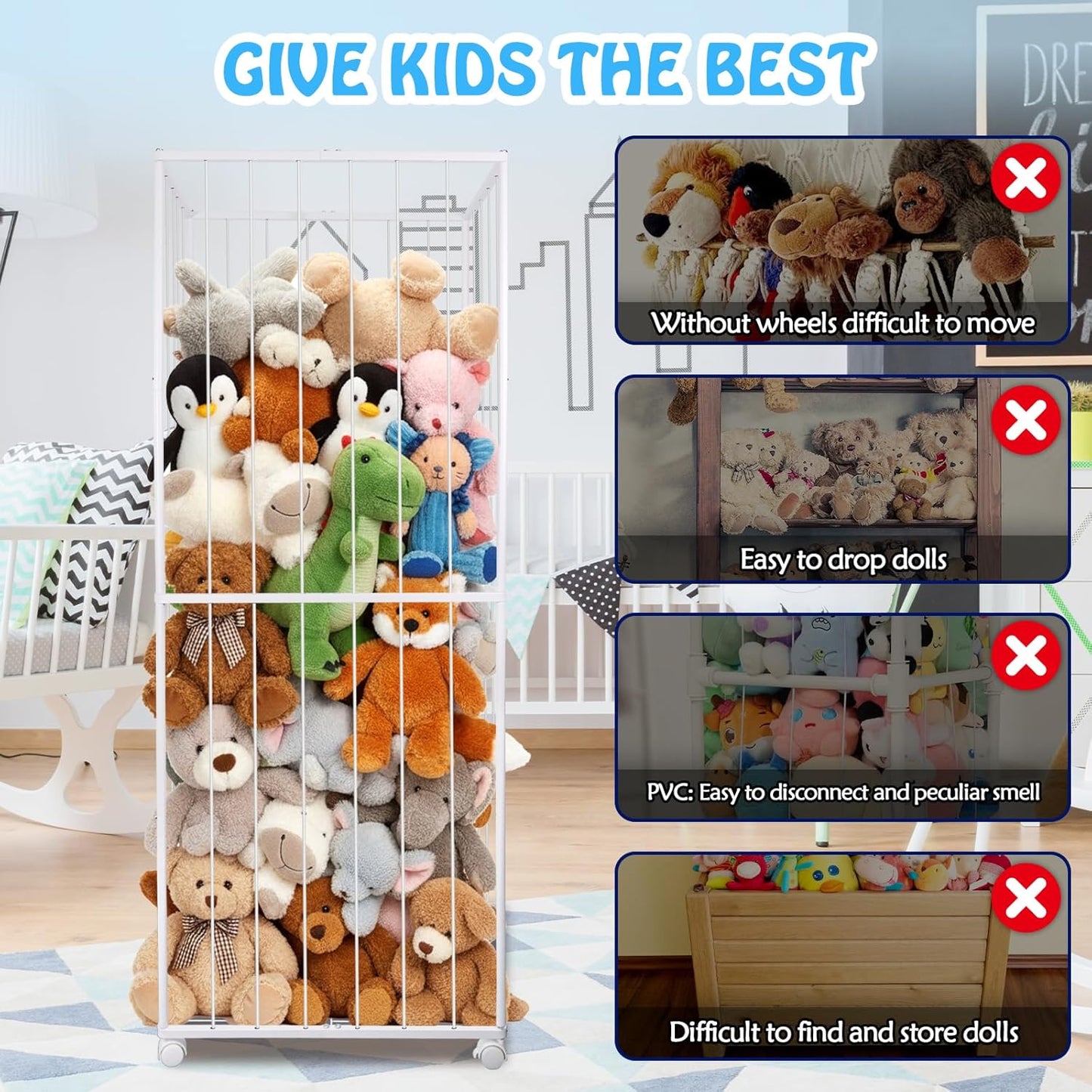 Stuffed Animal Storage, Metal Tube Extra Large Toy Storage Organizer with Brake Wheels, Stuffed Animal Holder Zoo Organizer for Nursery Playroom Kids Room White(61” X 23.6”X 16.5”)