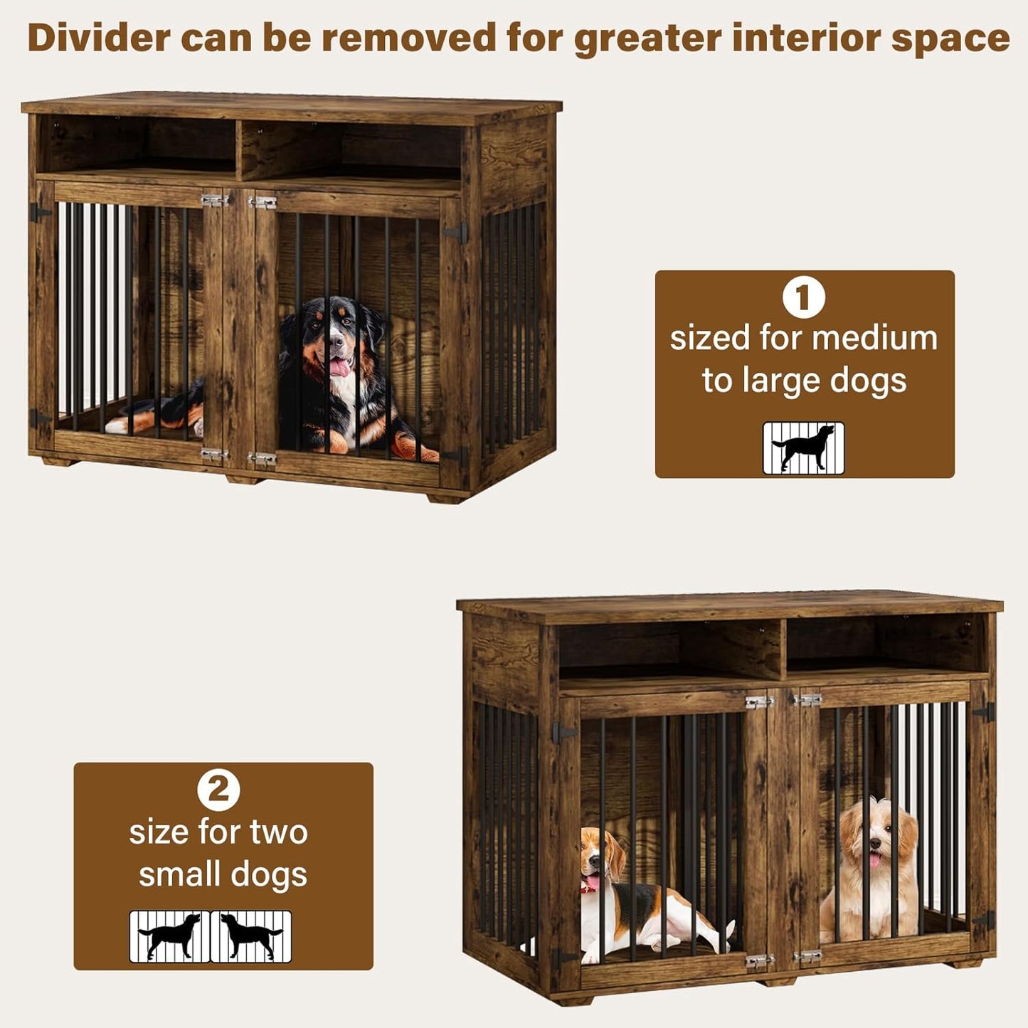 Dog Crate Furniture for 2 Dogs, 55 Inch Dog Crate Indoor with Removable Divider and Shelf Storage, Wooden Dog Crates for Medium Dogs, White
