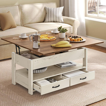 Coffee Table Lift Top, 3 in 1 Center Table with Storage, Gas Spring, 2 Drawers and 3 Hidden Compartments, Open Shelf, for Living Room, Home Office, Honey Brown and Rustic White ULCT254W01