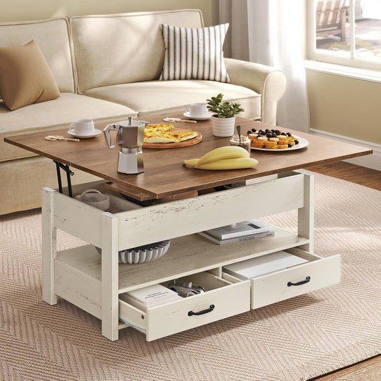Coffee Table Lift Top, 3 in 1 Center Table with Storage, Gas Spring, 2 Drawers and 3 Hidden Compartments, Open Shelf, for Living Room, Home Office, Honey Brown and Rustic White ULCT254W01