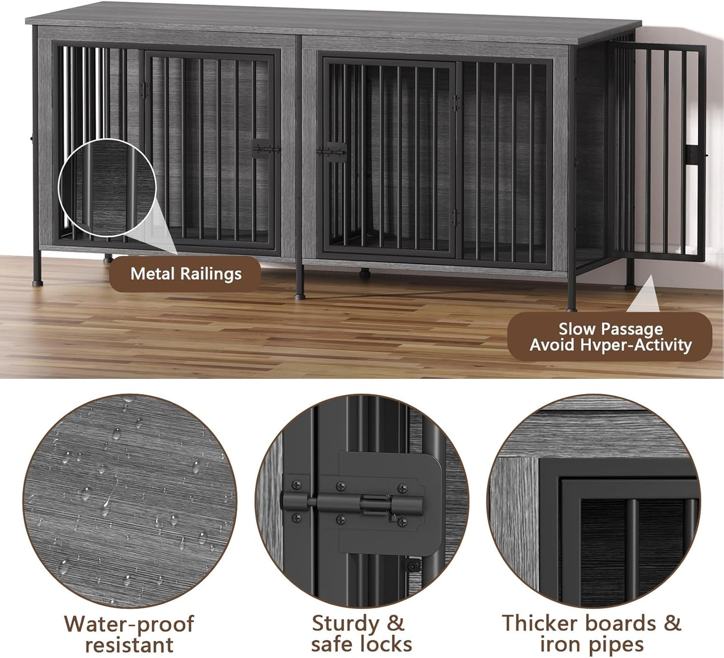 Dog Crate Furniture for 1 or 2 Dogs, Heavy Duty Single/Double Dog Crates for Small/Medium/Large Dogs, Dog Kennel Furniture Indoor as TV Stand, Large Size 78.74" L(35-60 Pounds), Dark Grey