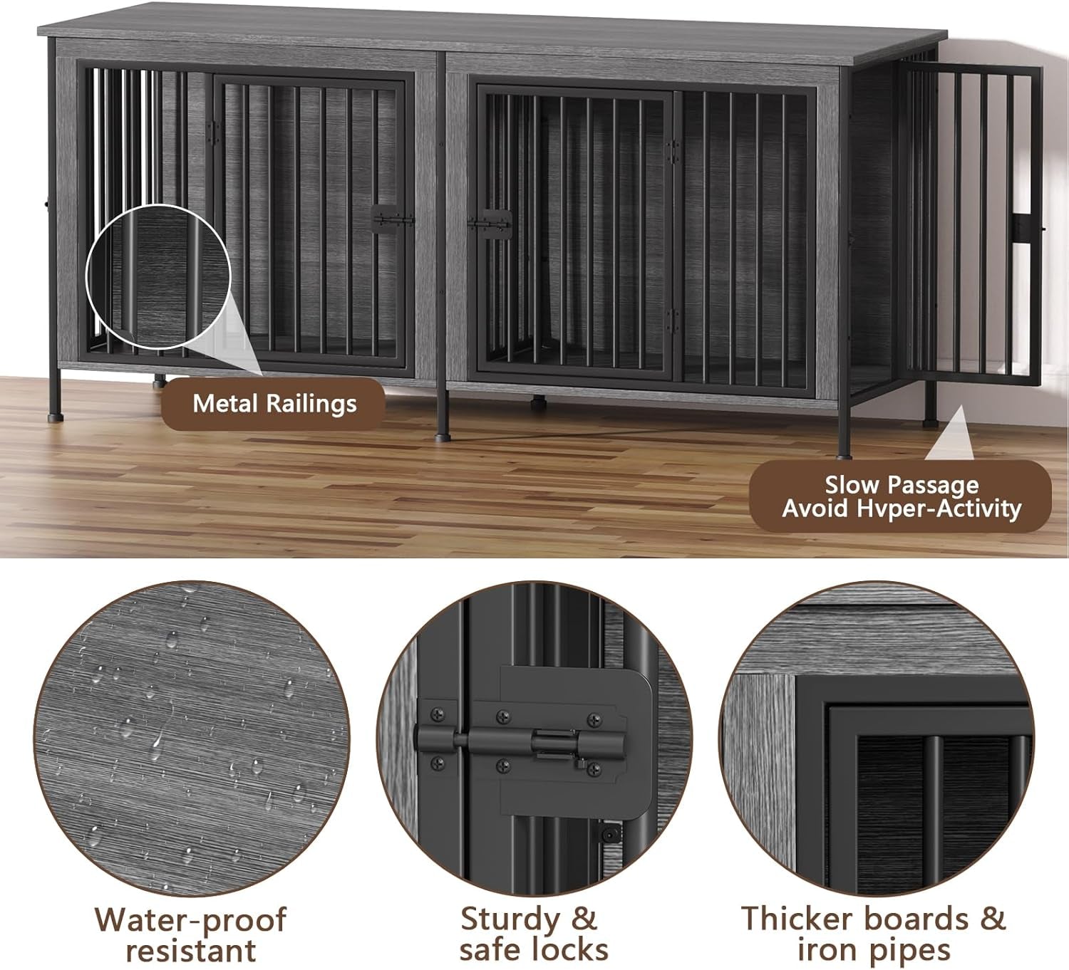 Dog Crate Furniture for 1 or 2 Dogs, Heavy Duty Single/Double Dog Crates for Small/Medium/Large Dogs, Dog Kennel Furniture Indoor as TV Stand, Large Size 78.74" L(35-60 Pounds), Dark Grey