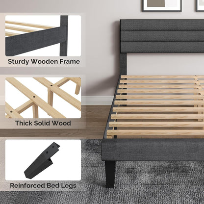 Platform Bed Frame Queen Size with Linen Fabric Headboard,Modern Panel Low Profile Bed with Upholstered & Sturdy Slats Support for Bedroom, Mattress Foundation, Dark Gray
