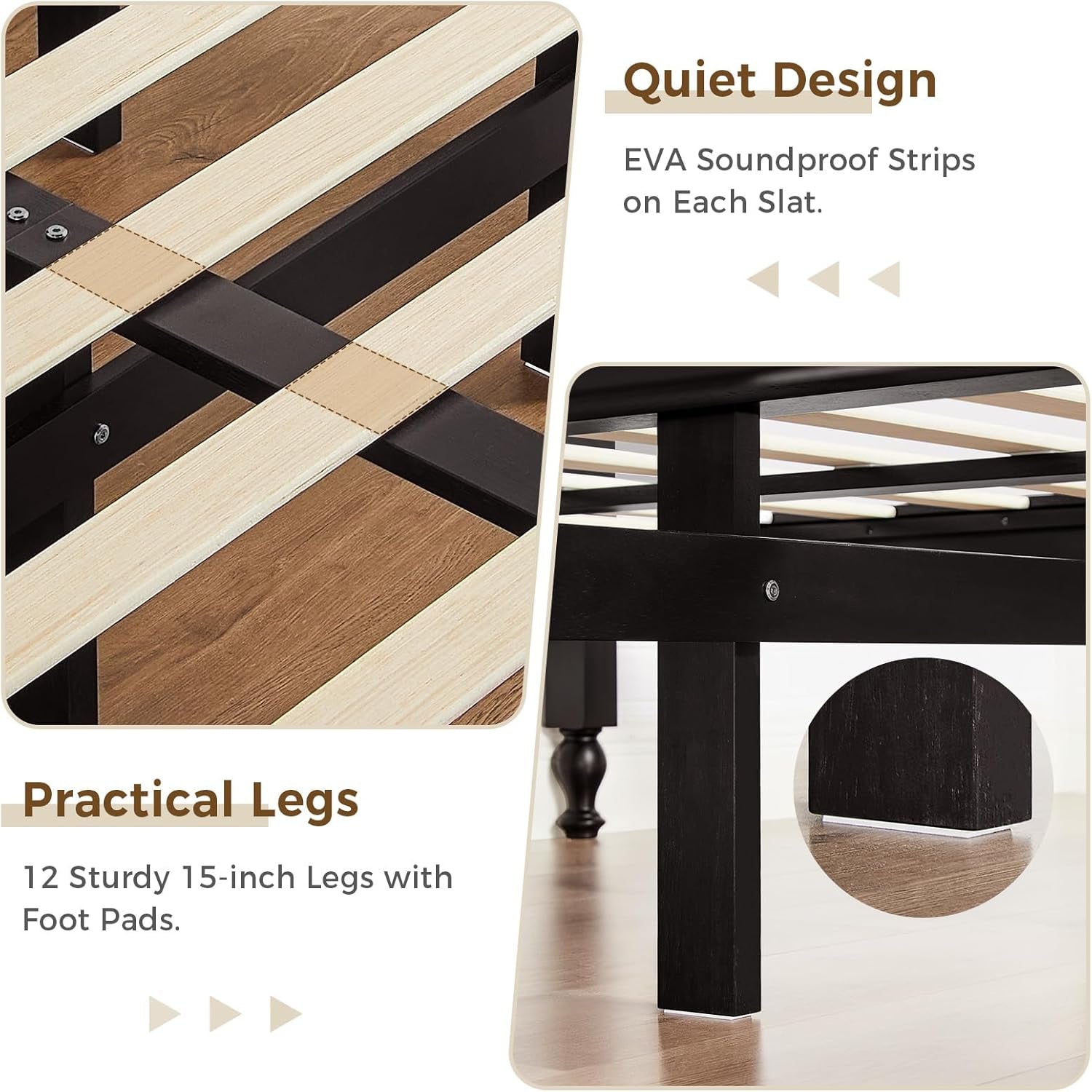 Wood Queen Size Bed Frame with Wooden 50" Tall Headboard, Heavy Duty 12 Solid Wood Slats Support, Rubber Wood Platform Bed Frame with Large under Bed Storage, No Box Spring Needed, Rustic Black