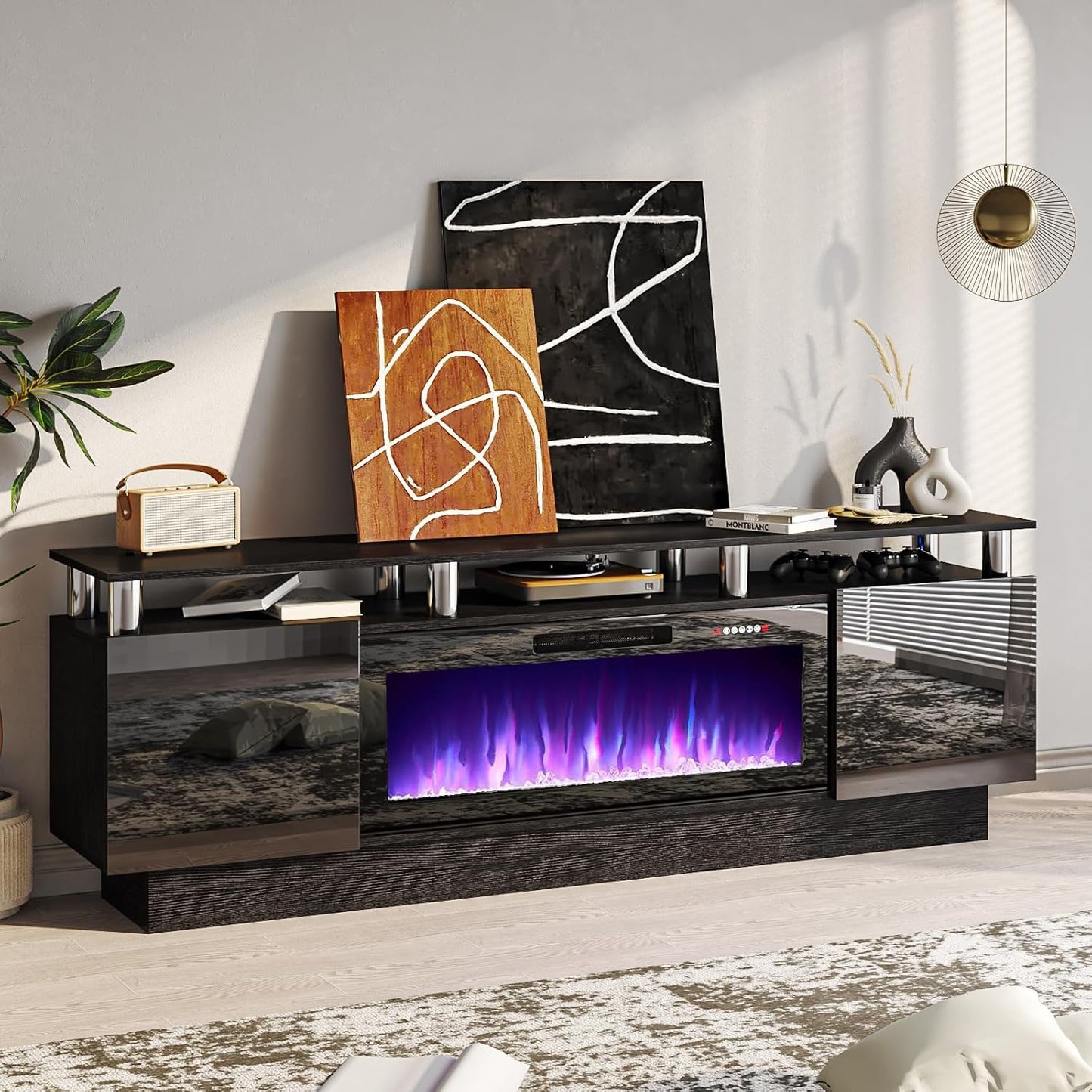 70" Modern Fireplace TV Stand with 36" Electric Fireplace for Tvs up to 80 Inch, Luxury LED Light Entertainment Center with High Gloss Cabinet, TV Consoles for Living Room, Black