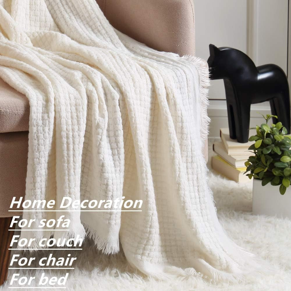 Farmhouse Boho Knitted Throw Blanket for Couch Sofa Chair Bed Home Decoration, Soft Warm Cozy Light Weight for Spring Summer Fall (50''X60'' off White/Ivory/Cream)