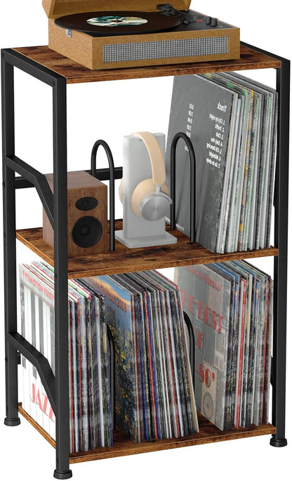 Record Player Stand, Vinyl Record Storage up to 200 Albums, 3 Tier End Table with Removable Dividers, Tall Side Table for Living Room, Bedroom, Rustic Brown, HETCD010BR-1