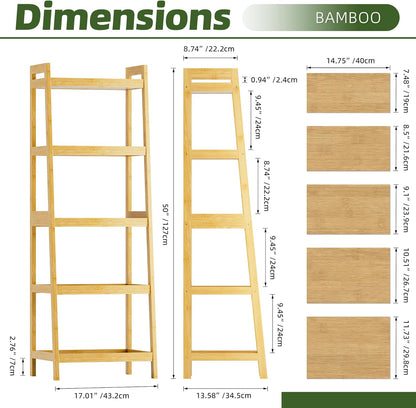 Bookshelf, 5 Tier Ladder Bookcase with Bamboo Frame, Freestanding Tall Narrow Display Plant Shelf for Living Room, Kitchen, Bedroom, Balcony, Natural