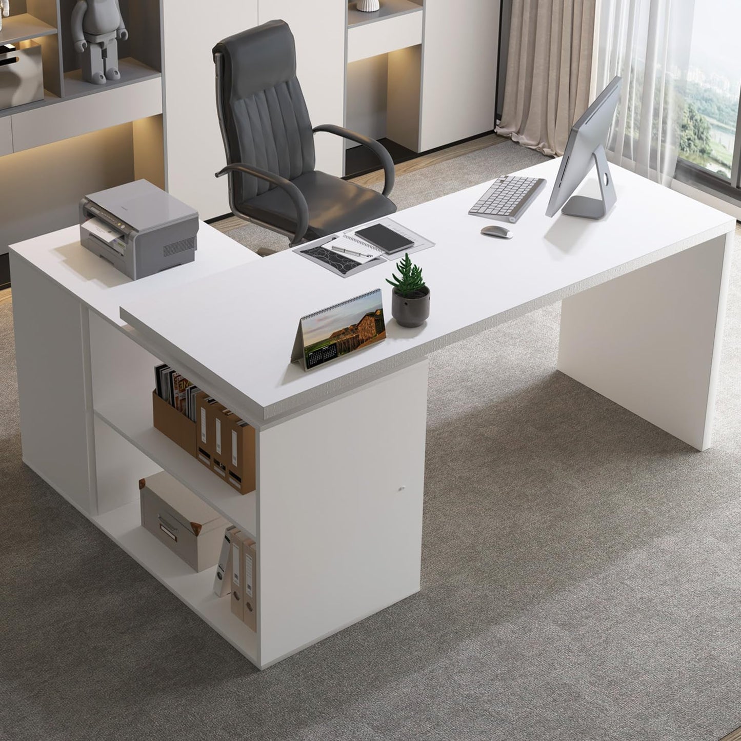 White L-Shaped Computer Desk with 3 Drawers and 2 Shelves, Reversible Home Office Corner Desk for Writing Study Work Executive, 55 Inch Bedroom Wood Table Workstation Desk with Storage Cabinet