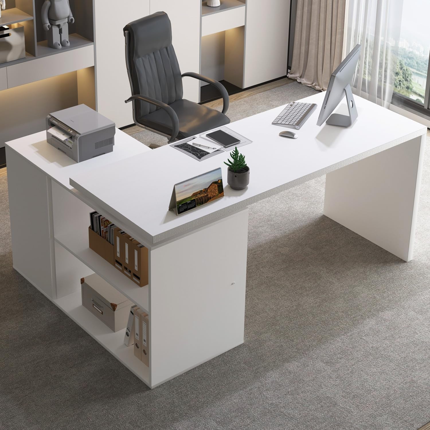 White L-Shaped Computer Desk with 3 Drawers and 2 Shelves, Reversible Home Office Corner Desk for Writing Study Work Executive, 55 Inch Bedroom Wood Table Workstation Desk with Storage Cabinet