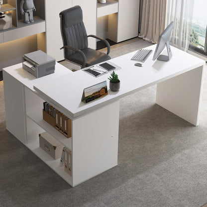 White L-Shaped Computer Desk with 3 Drawers and 2 Shelves, Reversible Home Office Corner Desk for Writing Study Work Executive, 55 Inch Bedroom Wood Table Workstation Desk with Storage Cabinet