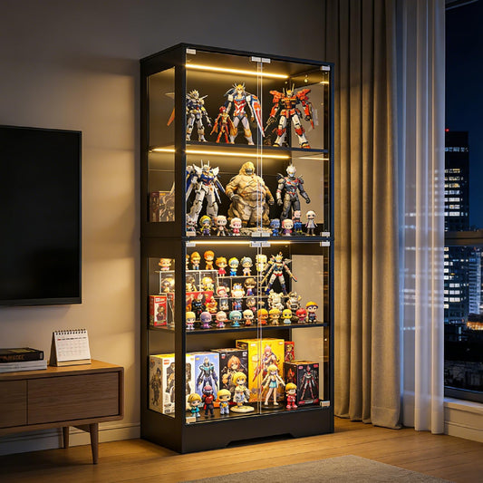 5.5 Ft Display Cabinet with Glass Doors, 4-Tier Curio Cabinet with 3 Color Lights for Collectibles, Glass Display Case with Human Body Sensor, Bookcase with 4 Shelves, Storage Cabinets, Black