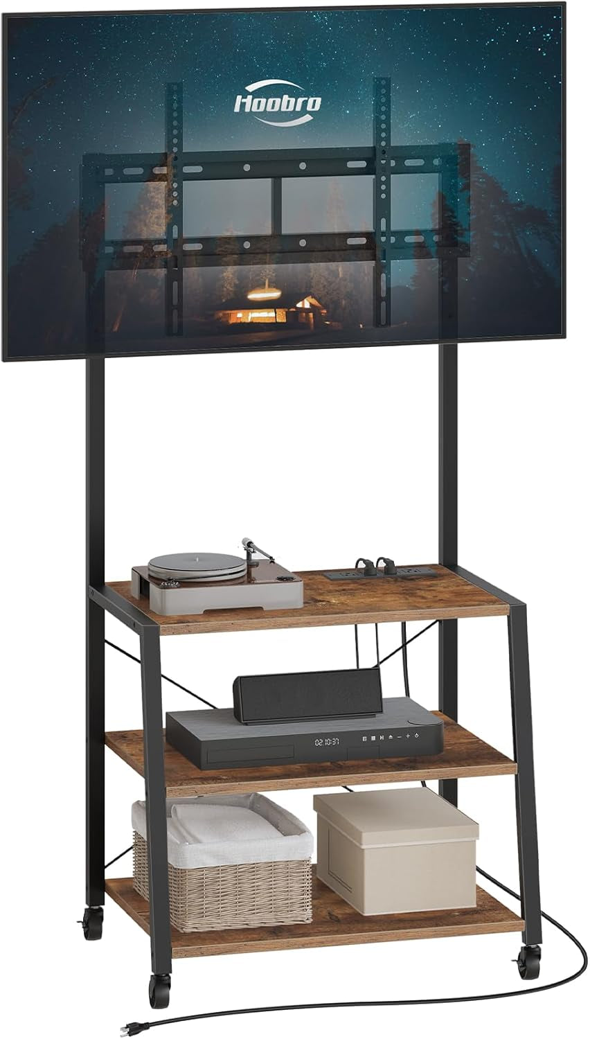 Rolling TV Stand with Mount and Power Outlet up to 55 Inch TV, Corner Entertainment Center, Small TV Stand with 3-Tier Storage Shelves for Living Room, Bedroom, Rustic Brown and Black BF66UDS01