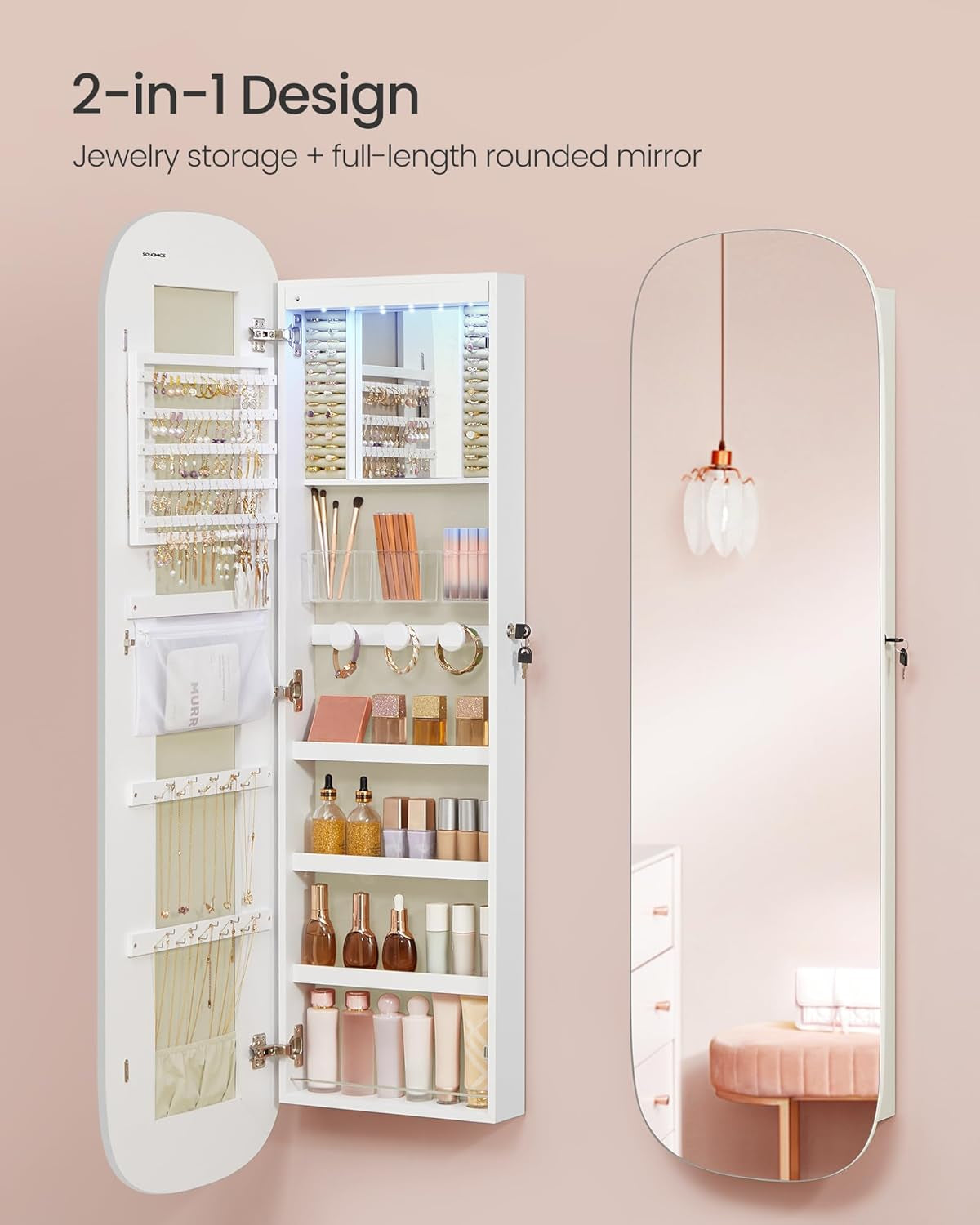 Jewelry Organizer, LED Jewelry Cabinet Wall/Door Mounted, Lockable Rounded Wide Mirror with Storage, Interior Mirror, 3.9 X 16.5 X 55 Inches, White Surface with Greige Lining