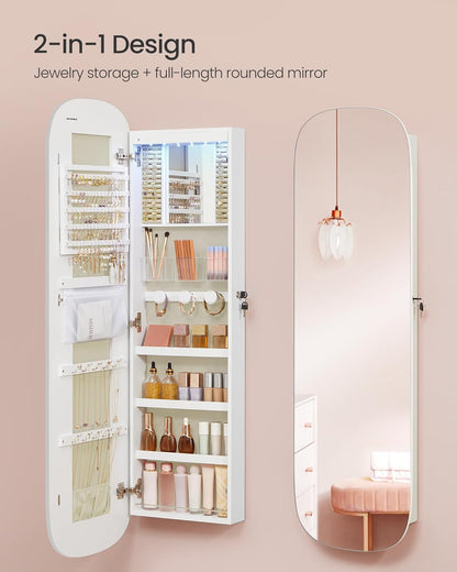 Jewelry Organizer, LED Jewelry Cabinet Wall/Door Mounted, Lockable Rounded Wide Mirror with Storage, Interior Mirror, 3.9 X 16.5 X 55 Inches, White Surface with Greige Lining