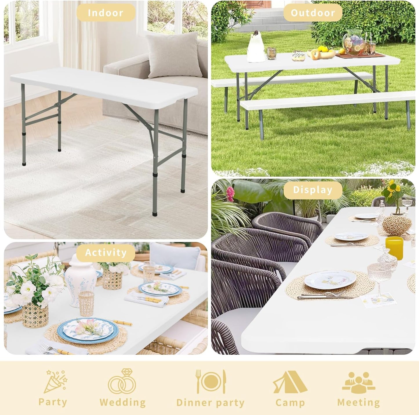 Folding Table 4FT Camping Table Portable Heavy Duty Plastic Rectangular Outdoor Dining Table Steel Legs Fold-In-Half with Carrying Handle for Indoor,Picnic,Party,Wedding,Events(White)