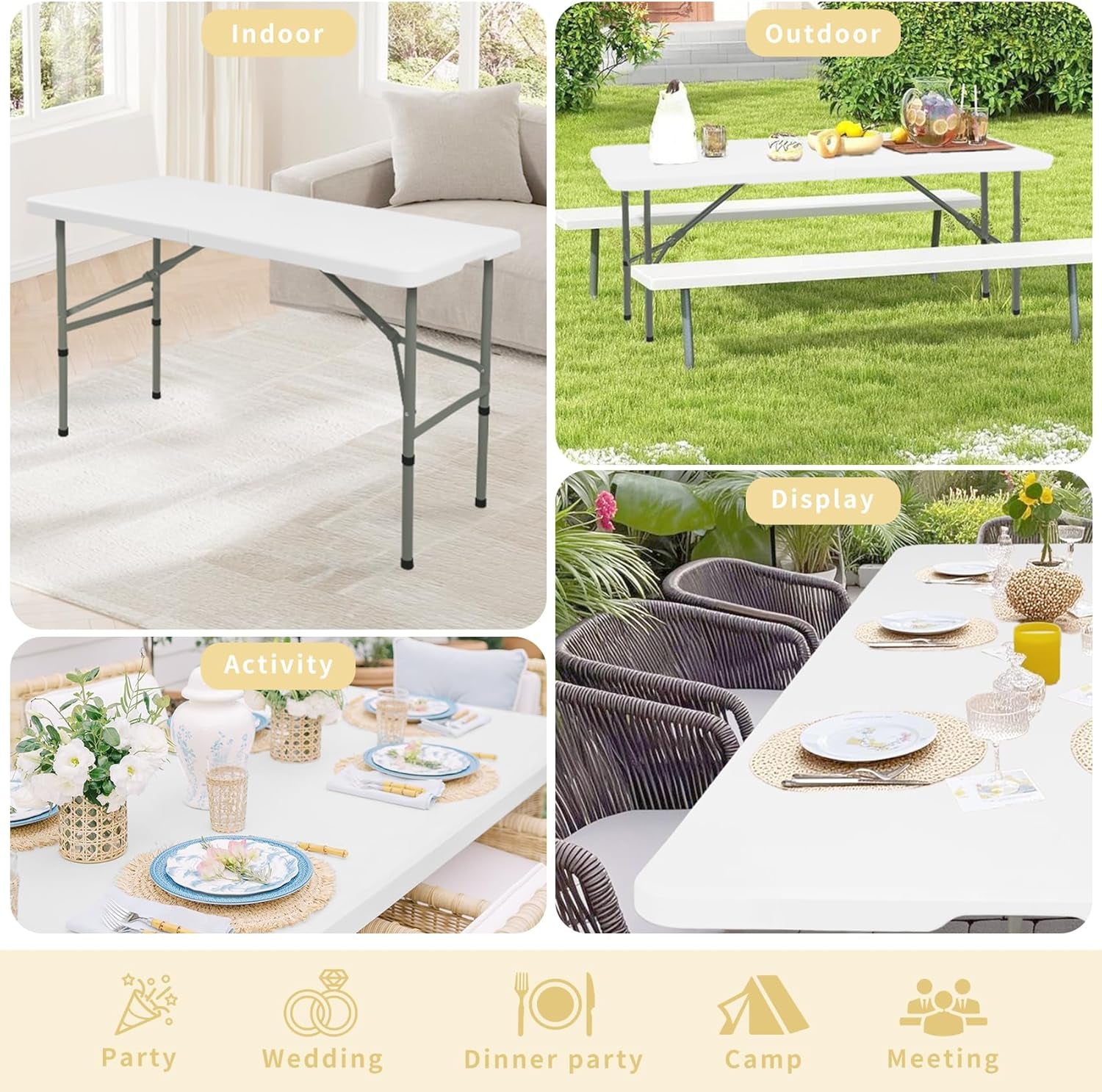 Folding Table 4FT Camping Table Portable Heavy Duty Plastic Rectangular Outdoor Dining Table Steel Legs Fold-In-Half with Carrying Handle for Indoor,Picnic,Party,Wedding,Events(White)