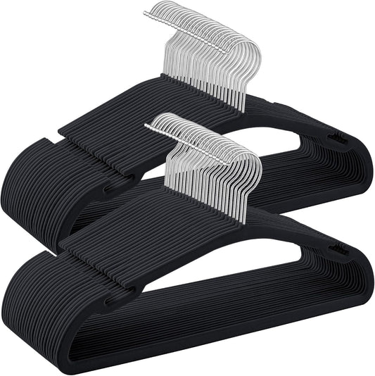 Velvet Hangers 50 Pack, Non-Slip Clothes Hangers, 17 X 8.3 Inches, Coat Hangers with Wide Shoulder Notches, Pants Bar, 360° Swivel Hook, Space-Saving, for Closet, Ink Black UCRF039B03