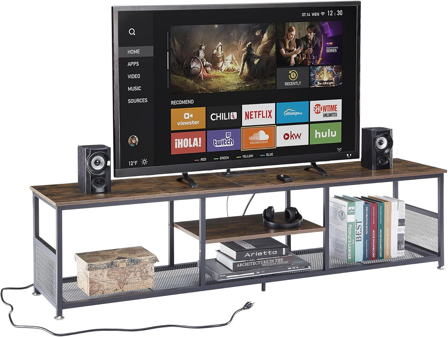 TV Stand with Power Outlets for Televisions up to 80 Inch,70" Media Entertainment Center with Charging Station 3-Tier Open Storage Shelves with Metal Frame for Living Room/Bedroom，Brown