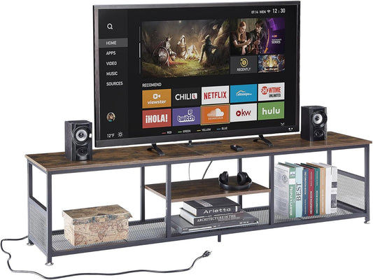 TV Stand with Power Outlets for Televisions up to 80 Inch,70" Media Entertainment Center with Charging Station 3-Tier Open Storage Shelves with Metal Frame for Living Room/Bedroom，Brown