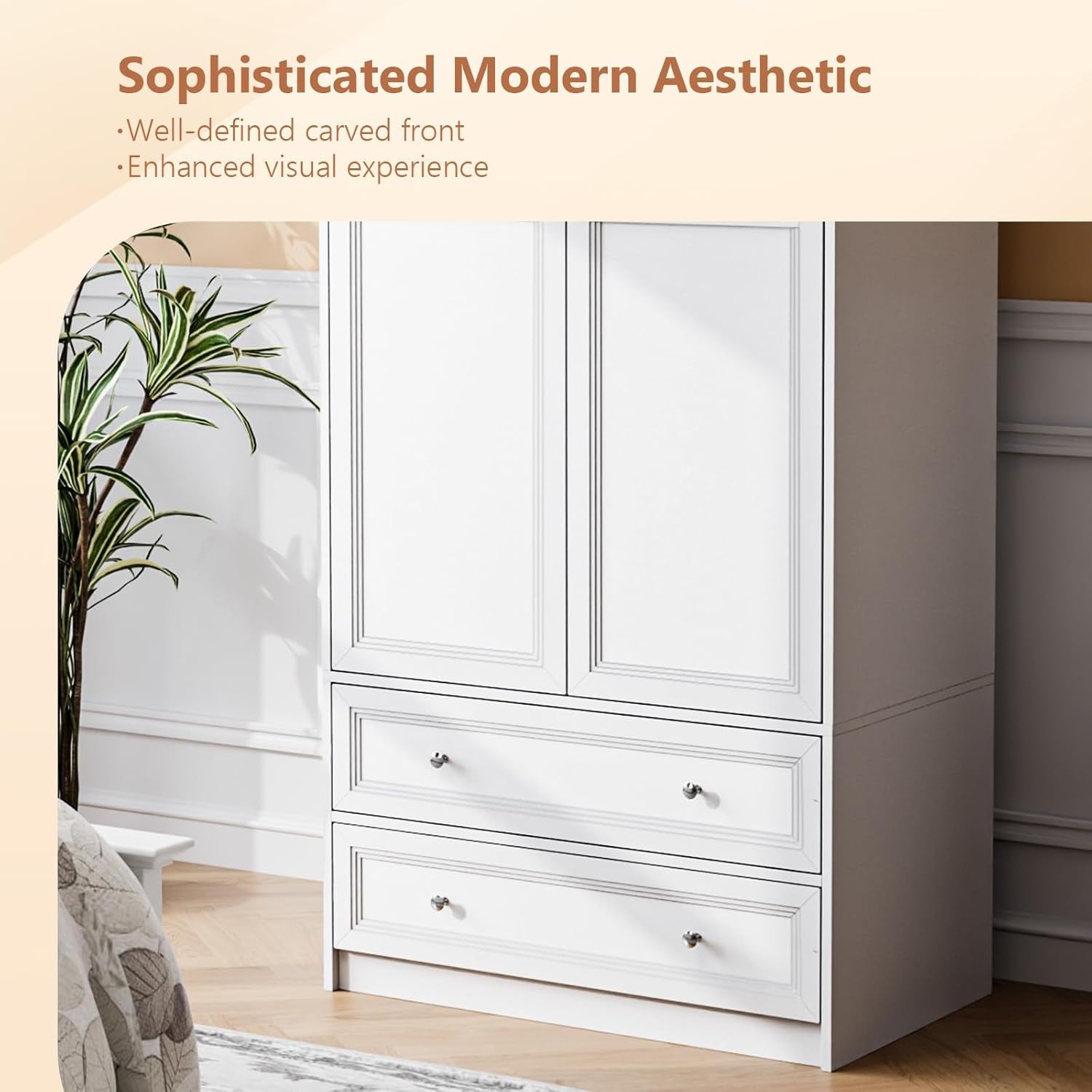 Wardrobe Closet with 2 Doors and 2 Drawers, 72" H Wardrobe Cabinet Closet, Freestanding Clothing Storage Cabinet, Wooden White Bedroom Armoire, Combination for Hanging Clothes