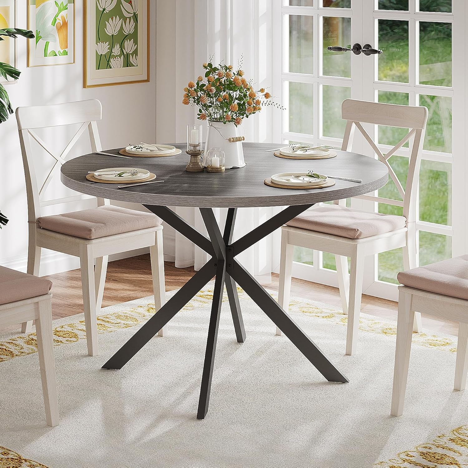 47.2 Inch round Dining Table for 4, Farmhouse Wood Kitchen Table, Circle Dinner Table for Kitchen & Dining Room, Grey