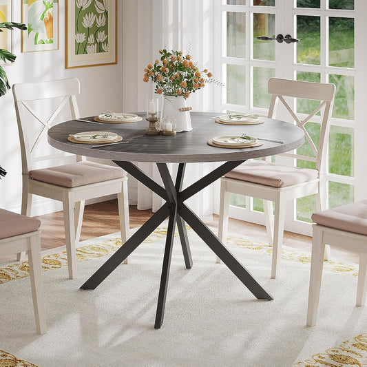 47.2 Inch round Dining Table for 4, Farmhouse Wood Kitchen Table, Circle Dinner Table for Kitchen & Dining Room, Grey
