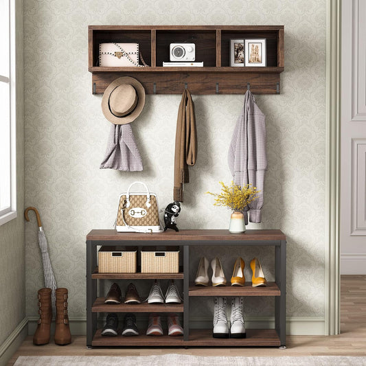 Industrial [Shoe] [Rack] [Bench] with Coat [Rack] Set with Hall Tree, 3 Storage Cubbies, 7 Hooks for Entryway, Hallway, 5-In-1Design, Rustic Brown