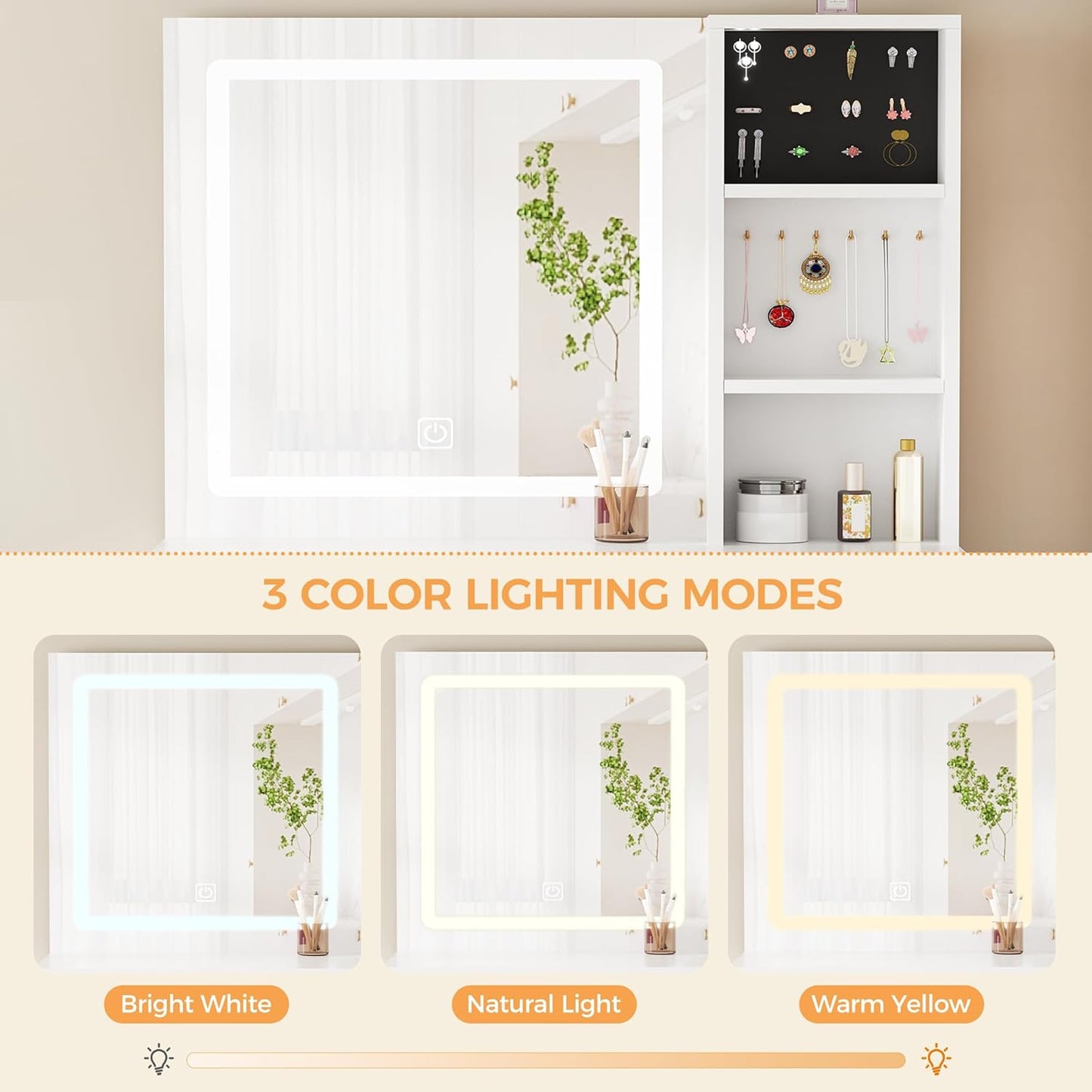 White Vanity Desk with Mirror and Lights,Makeup Vanity L Shape Change Makeup Desk with 6 Drawers Stool Power Outlet Jewelry Storage,Dressing Table with Dresser for Bedroom Girls Women FST26W