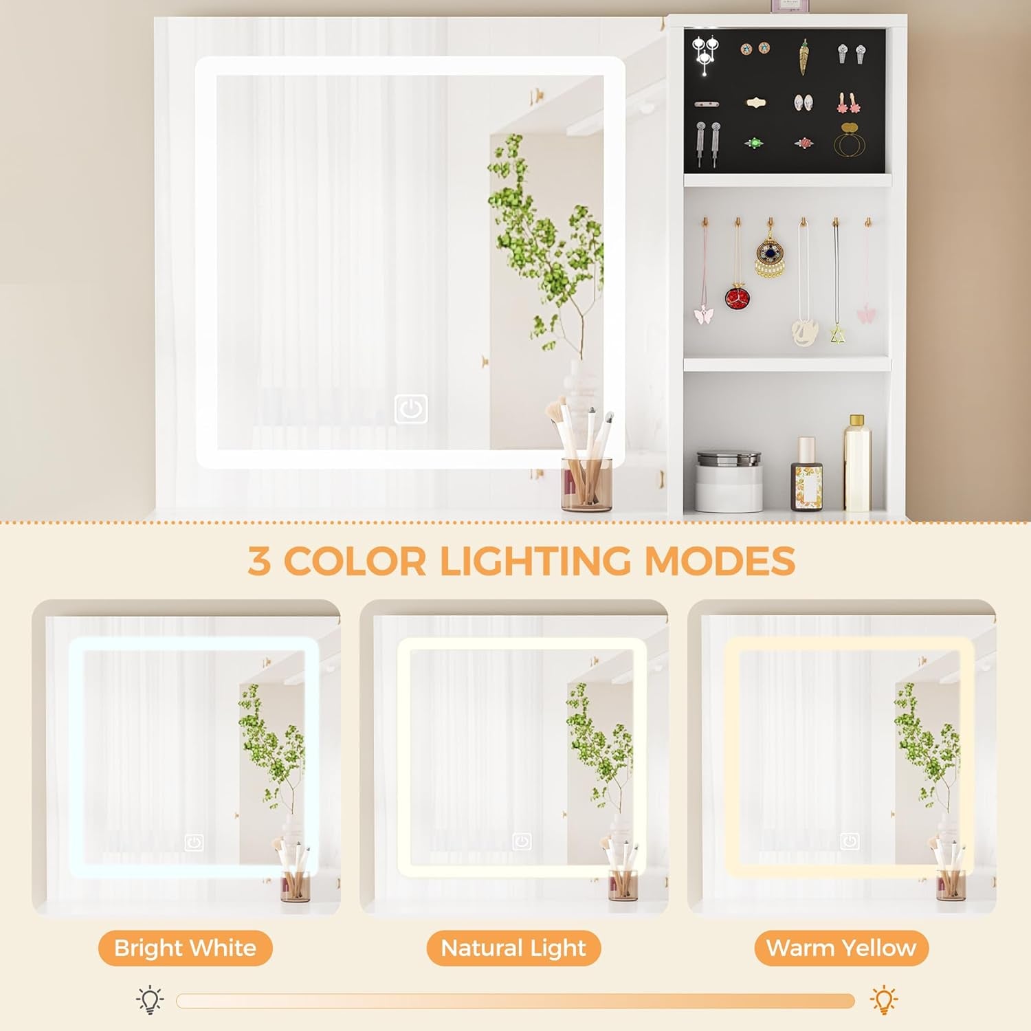 White Vanity Desk with Mirror and Lights,Makeup Vanity L Shape Change Makeup Desk with 6 Drawers Stool Power Outlet Jewelry Storage,Dressing Table with Dresser for Bedroom Girls Women FST26W