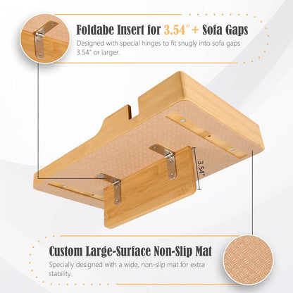 Couch Tray, 2-In-1 Insert & Flat Sofa Organizer Bamboo with 2 Cup Holders,Fits Seat Gaps or Ottomans,For Snacks, Drinks, Remotes,15.35X9.84-Inch