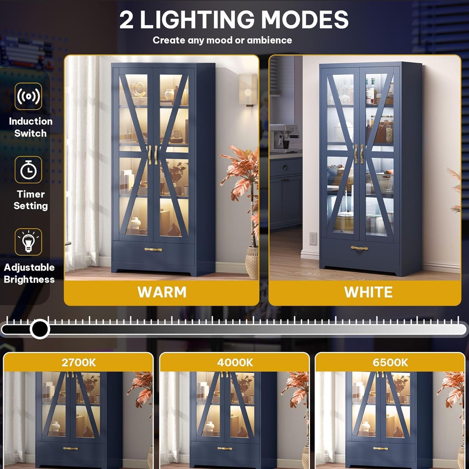 Display Cabinet with LED Lights, 61" Metal Display Case with Glass Barn Doors for Collectibles, Organizer Cabinet with 3 Adjustable Shelves and Drawer for Living Bedroom, Office, Navy Blue