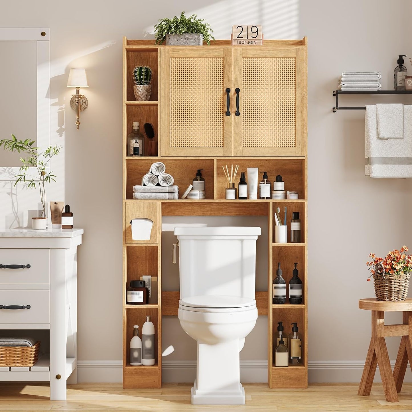Farmhouse Style Rattan Over-The-Toilet Storage Cabinet with 2 Rattan Doors, Toilet Paper Holder - Space-Saving Oak Bathroom Organizer