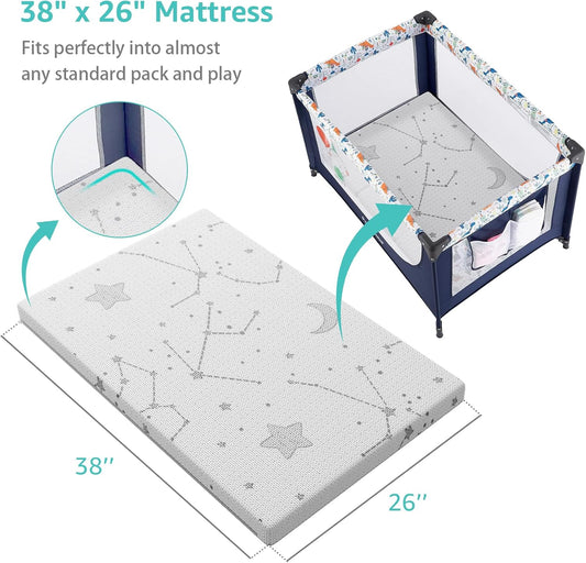 Pack and Play Mattress Topper Baby Pack N Play Mattresses for Playpen and Playard with Washable Cover 38"X26"X1", 1 Pack Firm Foam