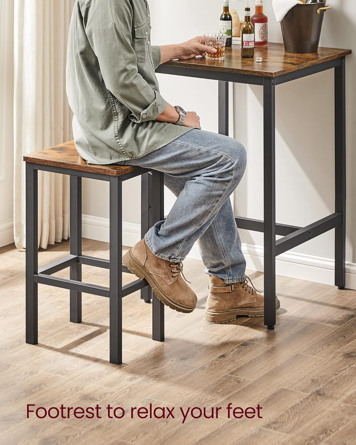 Bar Table and Chairs Set, Square Table with 2 Stools, Dining Pub Set for 2, Space Saving for Kitchen Breakfast, Living Room, Party Room, Golden Oak and Cloud White