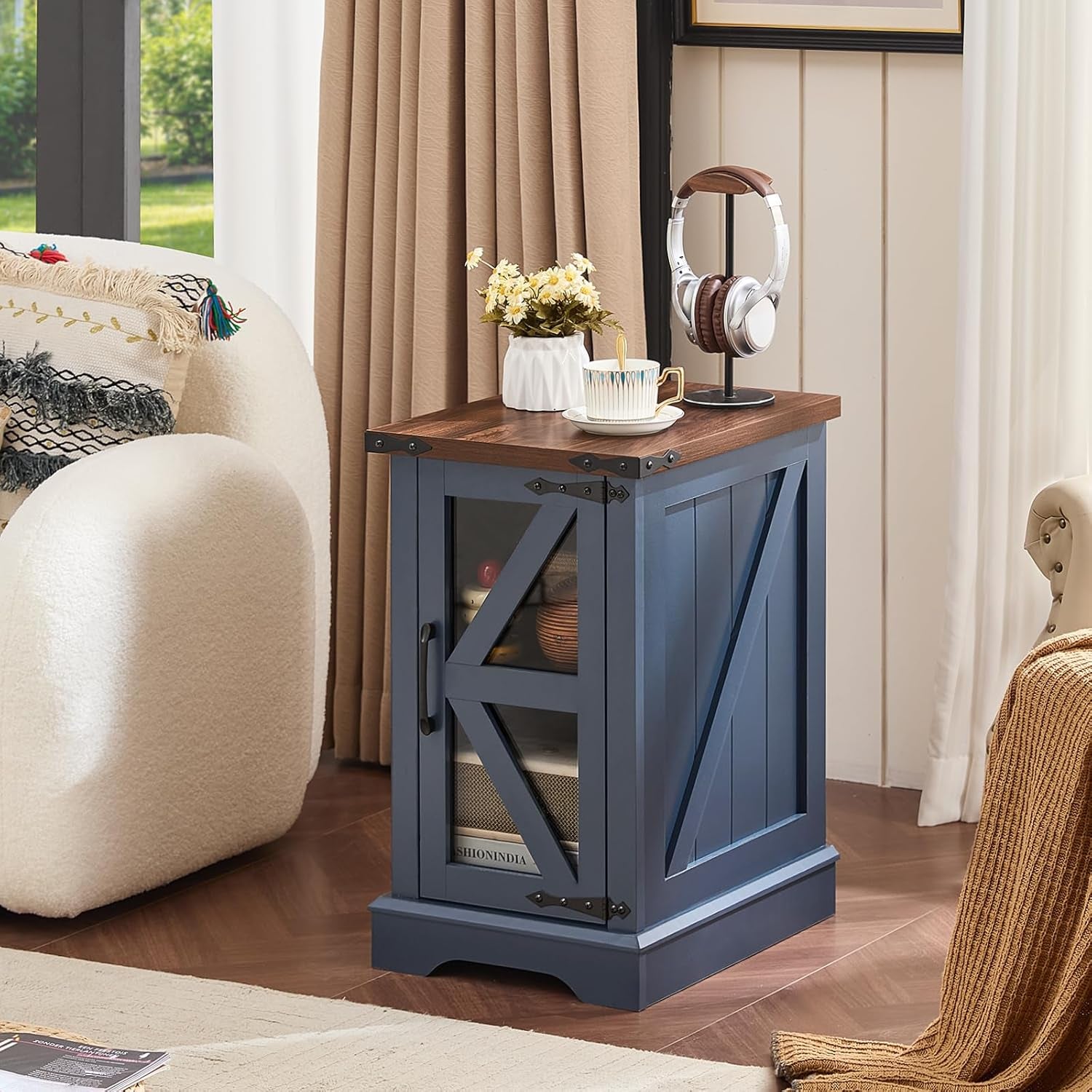 Narrow Night Stand for Small Spaces, Farmhouse Side End Table with Glass Barn Door Storage, Navy Blue Bedside Tables, Nightstand Cabinet Organizer for Living Room Bedroom
