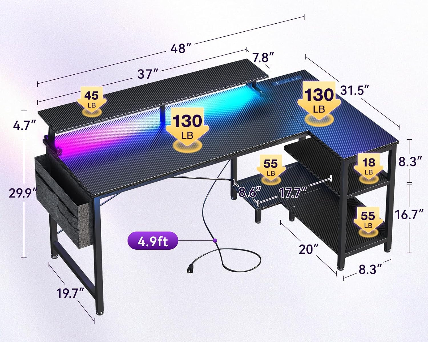 48 Inch Gaming Desk with USB Charging Ports and LED Lights, Reversible L Shaped Computer Desk with Storage Shelves & Monitor Stand, Corner Gamer Desk Table with Power Outlets, Black