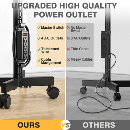 Mobile TV Stand with Power Outlet, Tilt Rolling TV Cart for 23-65 Inch LCD LED OLED Flat Curved Screen Tvs up to 88 Lbs, Height Adjustment Portable TV Stand on Wheels, Max VESA 400X400Mm