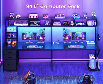 L Shaped Gaming Desk with Storage Shelves and Hutch, Convertible 94.5" Computer Desk with Drawers, Corner Computer Desk with Power Outlet, LED Lights, Pegboard for Home Office, Black